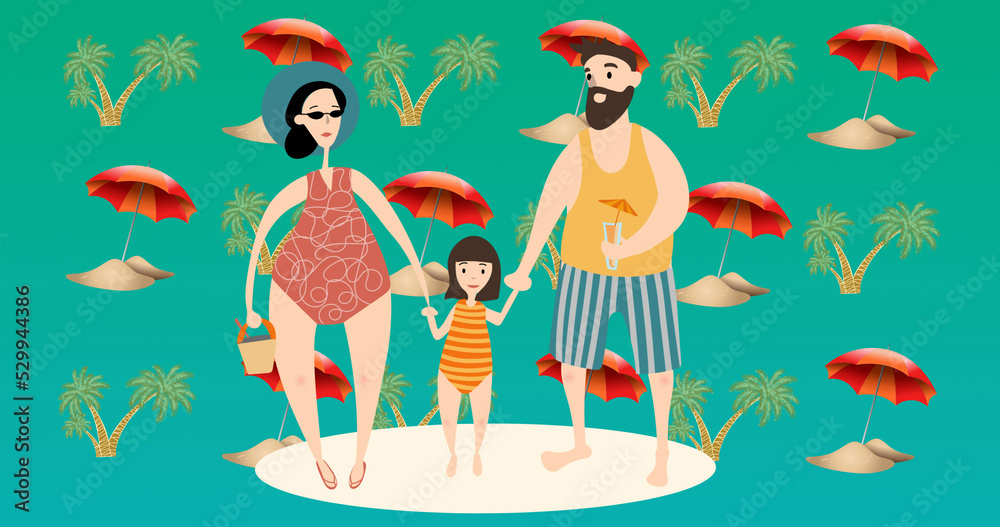 Naklejka premium Image of happy family at beach on green background