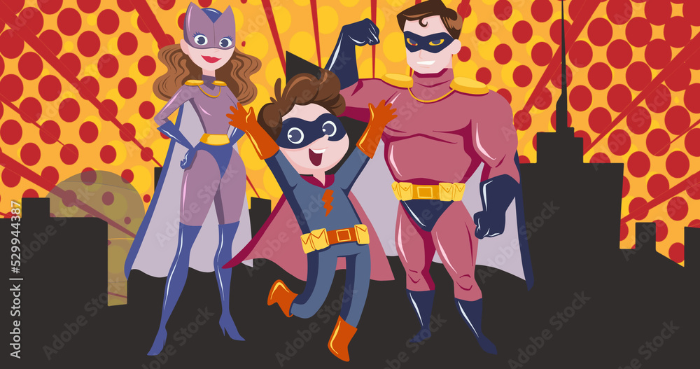 Image of superhero family embracing on yellow background Image of superhero family embracing on yellow background