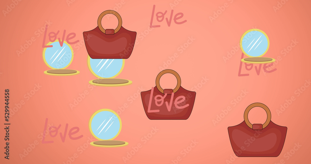 Image of love text handbag and mirror repeated on orange background Image of love text handbag and mirror repeated on orange background