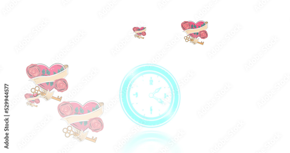 Neon digital clock ticking against multiple red heart and key icons falling against white background