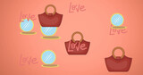 Image of love text handbag and mirror repeated on orange background
