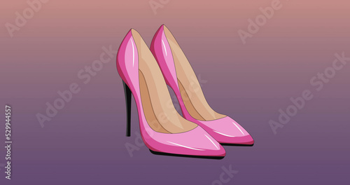 Image of love text and high heels on pink background
