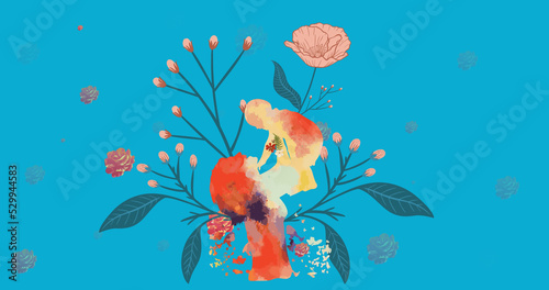 Image of mother and baby, flowers spinning in hypnotic motion on blue background