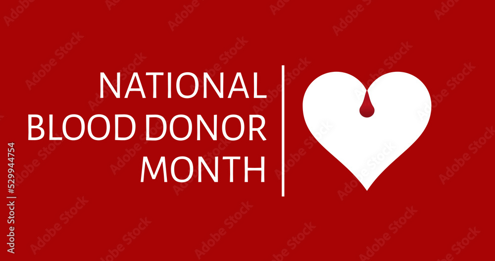 Image of national blood donor month text with heart and drop logo, on red background - obrazy, fototapety, plakaty 
