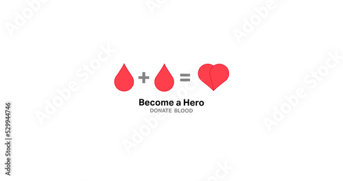 Foto Image of become a hero donate blood text with two drops making heart logo, on wh