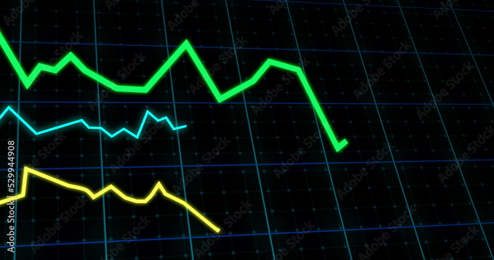 Image of lines tracking and financial data processing on black background Image of lines tracking and financial data processing on black background