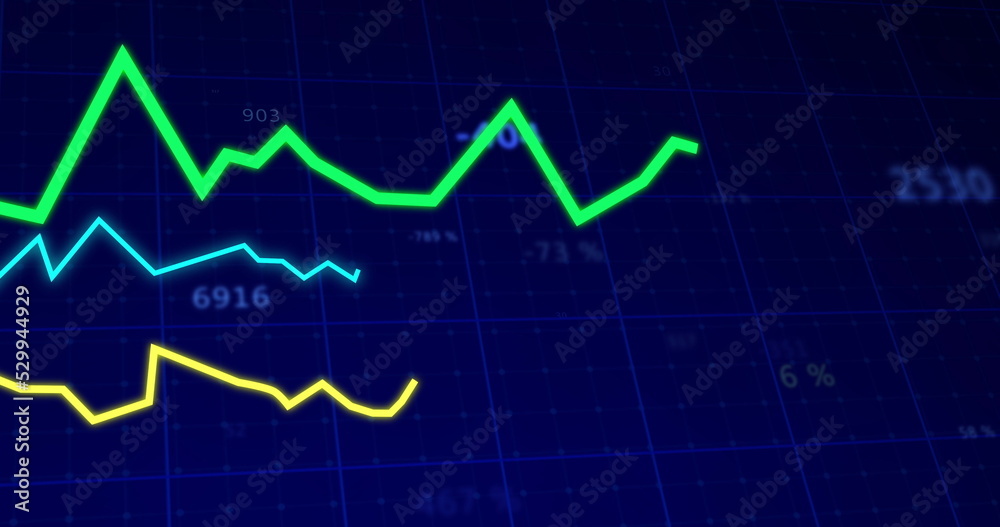 Image of lines tracking and financial data processing with numbers changing on blue background