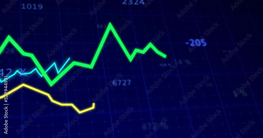 Image of lines tracking and financial data processing with numbers changing on blue background Image of lines tracking and financial data processing with numbers changing on blue background