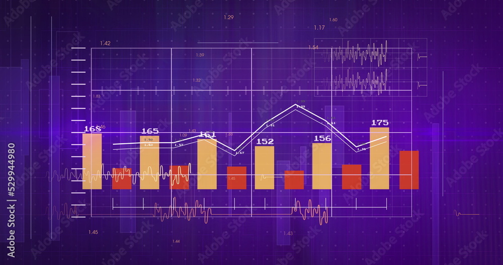 Naklejka premium Image of statistics and financial data processing over grid on purple background