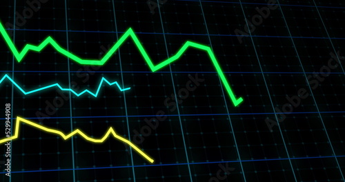 Image of lines tracking and financial data processing on black background