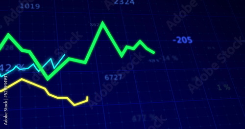 Image of lines tracking and financial data processing with numbers changing on blue background