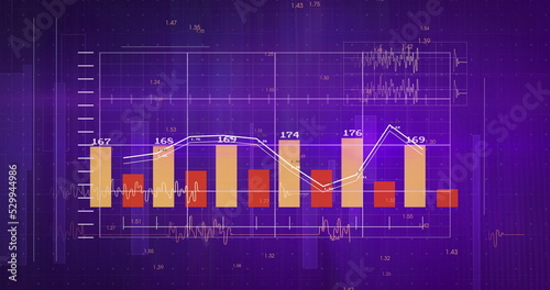 Image of statistics and financial data processing over grid on purple background
