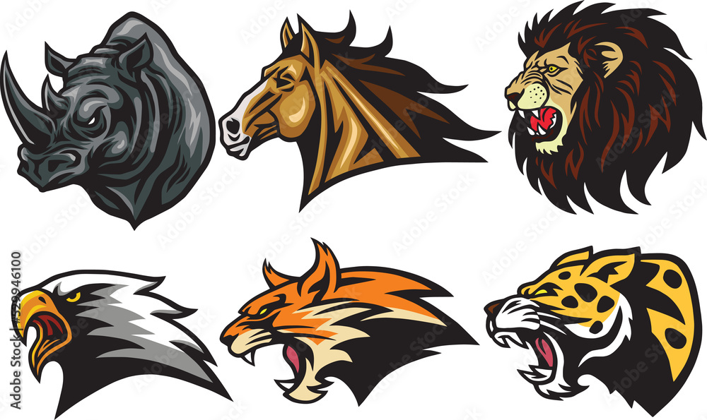 Wild Animals Heads Logo Mascot Set. Rhino, Horse, Lion, Lynx, Eagle, Leopard - Esport Sports Mascot Logo Illustration Design Vector Pack Wild Animals Heads Logo Mascot Set. Rhino, Horse, Lion, Lynx, Eagle, Leopard - Esport Sports Mascot Logo Illustration Design Vector Pack