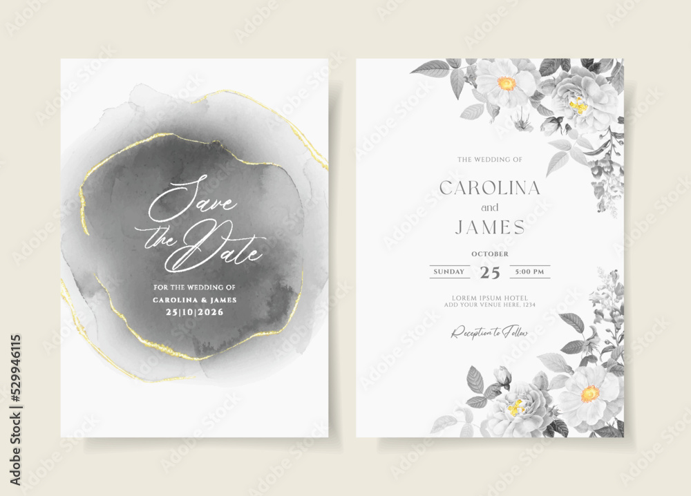 Obraz premium Wedding invitation card template set with floral and leaves decoration