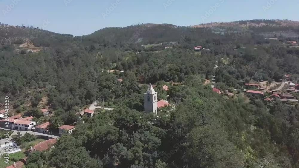 Aerial view of a portuguese church in the village of Macieira de Alcoba, Águeda, Portugal