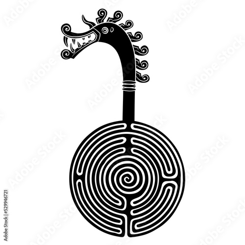 Head of fantastic dragon or griffin with long neck and spiral mane on tp of around spiral maze or labyrinth symbol. Creative concept.