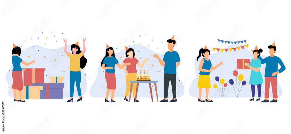 Birthday Party with Friends Scene Flat Bundle Design