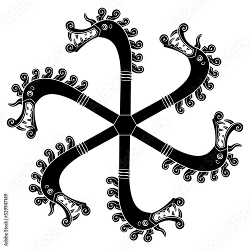 Round spiral animal star design or mandala with heads of fantastic dragons or griffins. Viking drakkar with long neck and spiral mane. Norse mythology. Black and white silhouette.