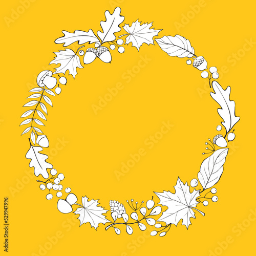 Vector wreath of autumn leaves, mushrooms, acorns, berries. Round frame, border, template hand drawn in doodle flat style. Theme is forest, nature, happy fall, thanksgiving