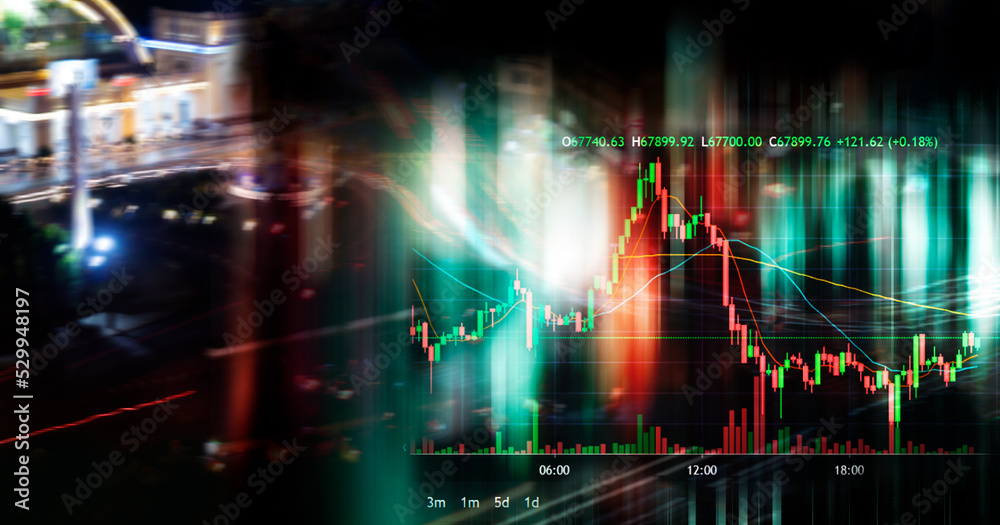 red blue green light and index number and graph of stock market business abstract background