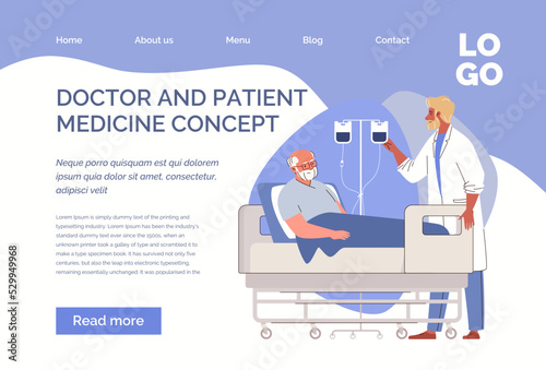 Doctor controls administration of medication to elderly sick patient using intravenous drip system in hospital room. Website, template, landing page. Vector characters flat cartoon illustration.