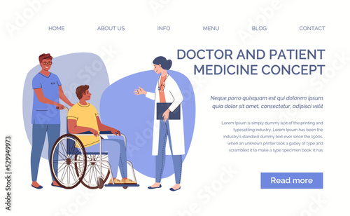 Man in wheelchair is talking to therapist. Paramedic accompanies disabled person. Doctor makes recommendations to patient. Rehabilitation treatment, adaptation, support. Template, landing page. Vector