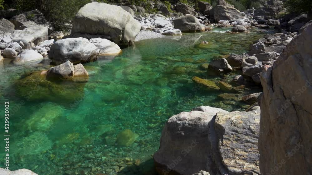 Turquoise water pond of mountain river, beautiful riverbed with big cliffs Turquoise water pond of mountain river, beautiful riverbed with big cliffs