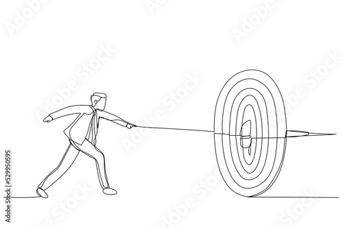 Illustration of businessman runs and throws a spear at a target. Metaphor for purpose, accuracy and skill. One continuous line art style