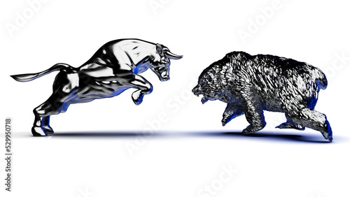 Metallic silver bull and bear sculpture staring at each other in dramatic contrasting light representing financial market trends under white background. Concept 3D CG of stock market. PNG file format. © DRN Studio