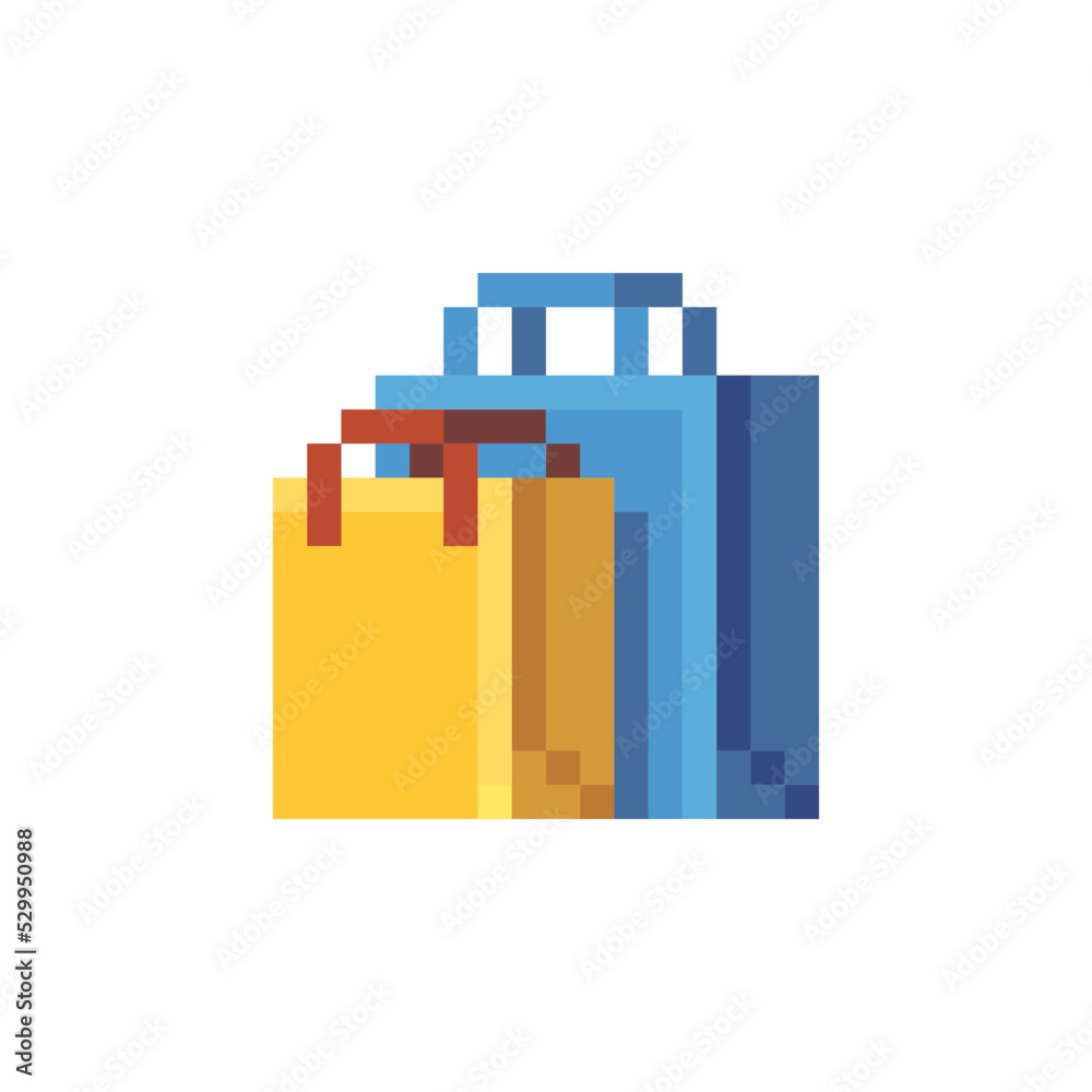 Shoping application. Red paper bag. Pixel art flat style. Icon for