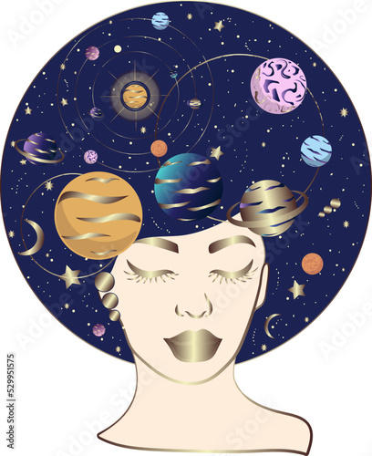 Galaxy lady portrait with planets, orbits, stars, asteroids and soral system. photo