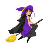 A cute witch in a cloak and stockings flew on a broomstick. Vector illustration in flat cartoon style.