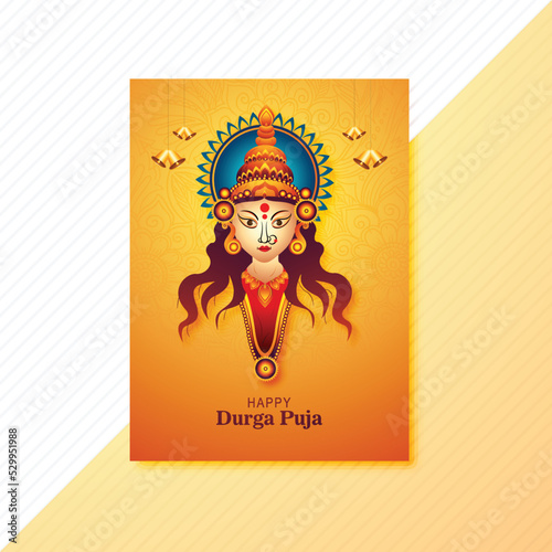 Goddess durga face in happy durga puja subh navratri card brochure template design