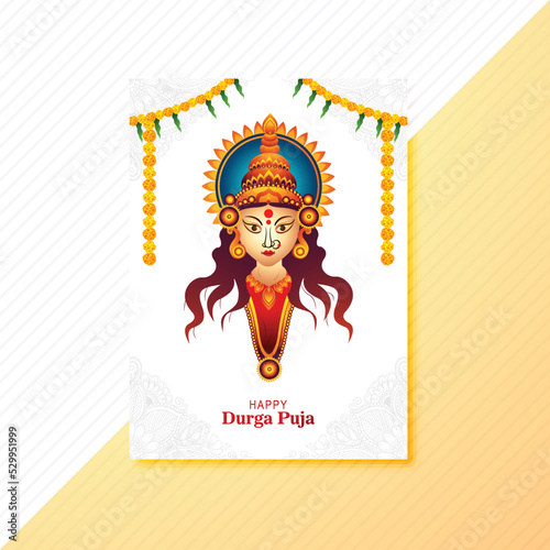 Goddess durga face in happy durga puja subh navratri card brochure template design