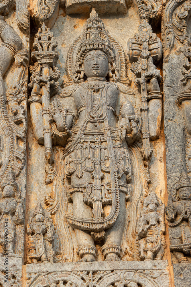 The Sculpture of Hindu God and Goddess on the Hoysaleshwara Temple, Halebeedu, Hassan, Karnataka, India.