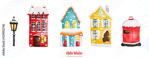 Watercolor winter house with a snow cap, Digital paint watercolor illustration