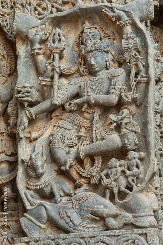 The Dancing Sculpture of Lord Shiva on the Hoysaleshwara Temple, Halebeedu, Hassan, Karnataka, India.