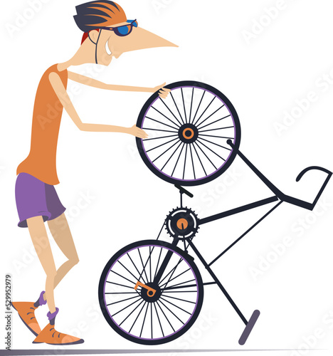 Cyclist and a broken bicycle.
Sportsperson repairs the bicycle. The cyclist repairs wheel on the bicycle. Isolated on white background 
