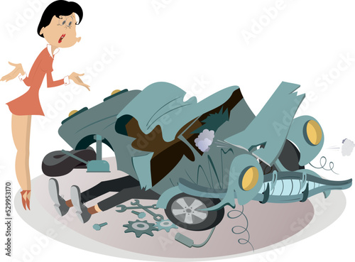 Illustration of man, angry woman and broken car. 
Upset woman asks the man to do something with the broken car isolated on white
