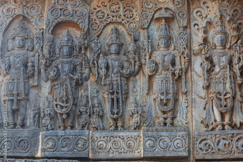 The Sculptures of Hindu God Goddess on the Temple Hoysaleshwara, Halebeedu, Hassan, Karnataka, India. 