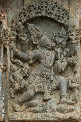 The Sculpture of Varaha Avatar on the Hoysaleshwara Temple, Halebeedu, Hassan, Karnataka, India.