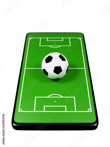 Football online application on smartphone. Soccer fields screen mobile phone. football news concept. sport channel. 3d rendering.