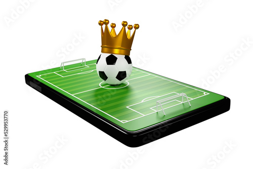 Football online application on smartphone. Soccer fields screen mobile phone. football news concept. sport channel. 3d rendering.