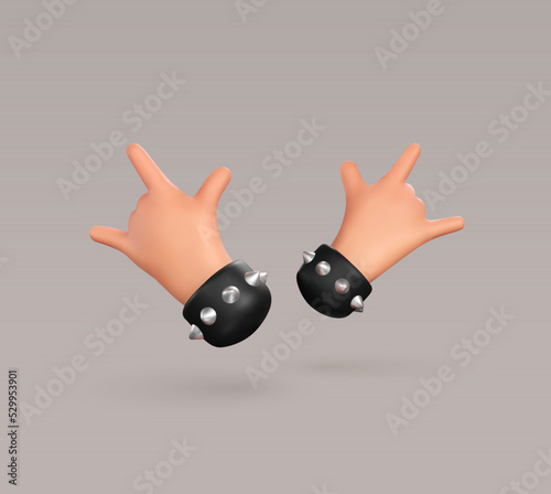 Two vector hands gesture isolated 3d cartoon illustration. Sign of the horns ui hero character. Heavy metal isolated arm.