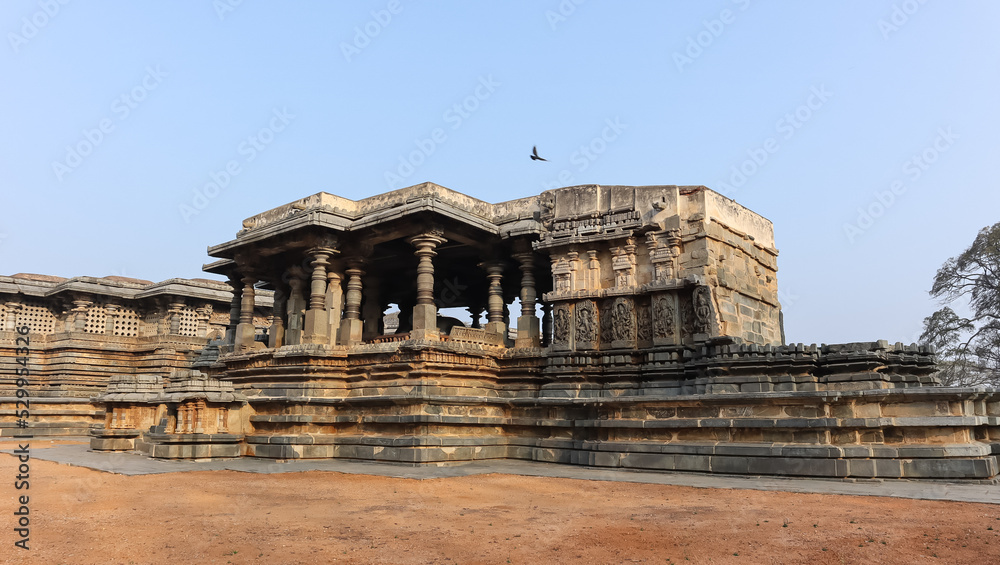 View of Nandi Temple Complex of Hoysaleshwara Temple, Halebeedu, Hassan, Karnataka, India.