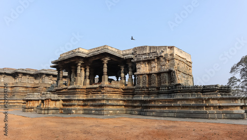 View of Nandi Temple Complex of Hoysaleshwara Temple, Halebeedu, Hassan, Karnataka, India.