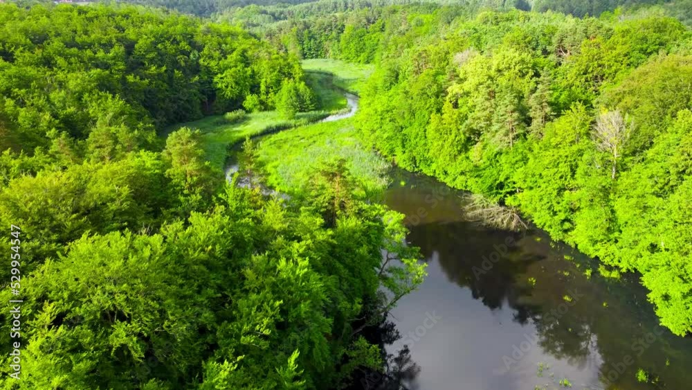 Aerial view on Radunia river between green trees. River with green trees surrounding. Aerial view on Radunia river between green trees. River with green trees surrounding.