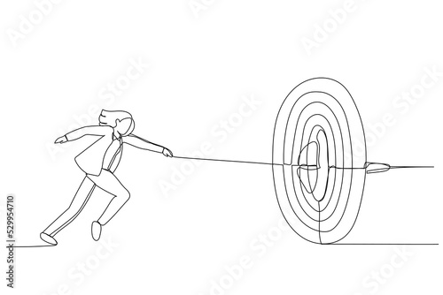 Drawing of businesswoman runs and throws a spear at a target. Metaphor for purpose, accuracy and skill. Single continuous line art style