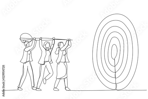 Illustration of businesswoman help holding dart aiming on bullseye target. Metaphor for team goal, teamwork collaboration. Single line art style