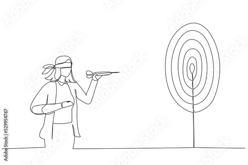 Illustration of confused businesswoman blindfold throwing dart. Metaphor for unclear target or blind business vision, leadership failure. Single continuous line art style